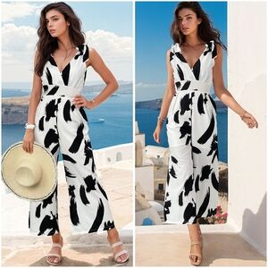 White Tied Printed Surplice Sleeveless Jumpsuit